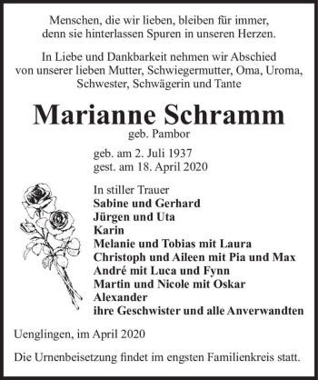Traueranzeige von Marianne Schramm (geb. Pambor)  von Magdeburger Volksstimme