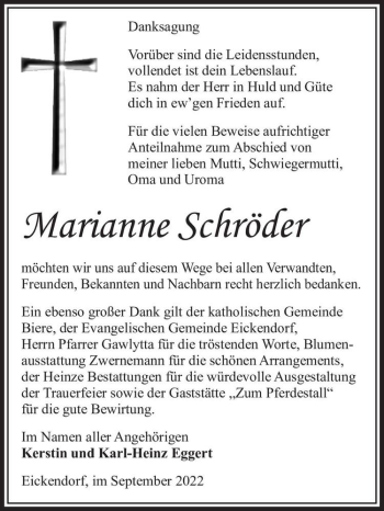 Traueranzeige von Marianne Schröder  von Magdeburger Volksstimme