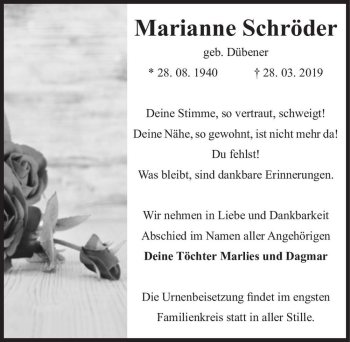 Traueranzeige von Marianne Schröder (geb. Dübener)  von Magdeburger Volksstimme