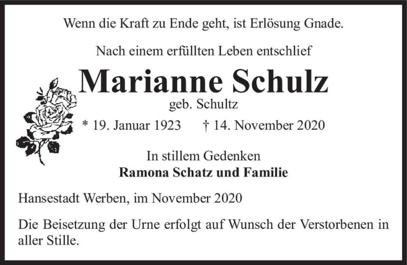  Traueranzeige für Marianne Schulz (geb. Schultz)  vom 19.11.2020 aus Magdeburger Volksstimme