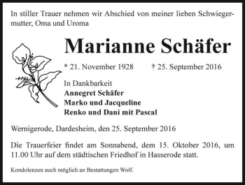Traueranzeige von Marianne Schäfer  von Magdeburger Volksstimme