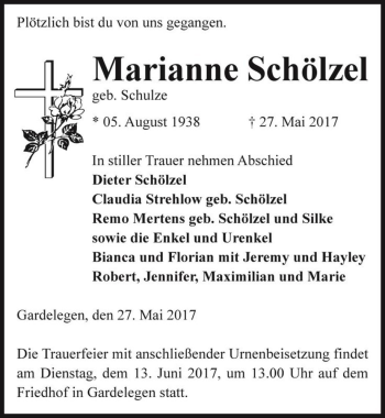 Traueranzeige von Marianne Schölzel (geb. Schulze)  von Magdeburger Volksstimme