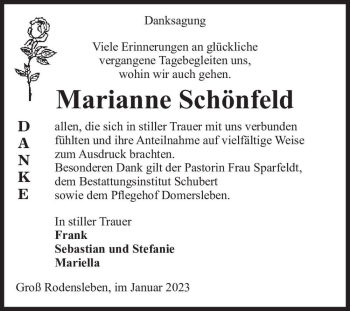 Traueranzeige von Marianne Schönfeld  von Magdeburger Volksstimme