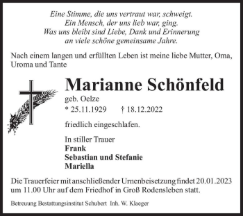 Traueranzeige von Marianne Schönfeld (geb. Oelze)  von Magdeburger Volksstimme