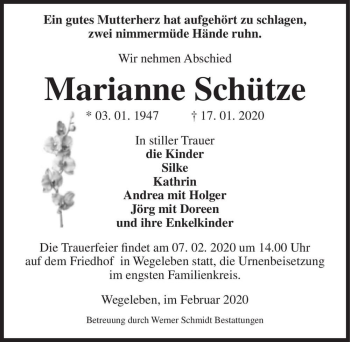 Traueranzeige von Marianne Schütze  von Magdeburger Volksstimme