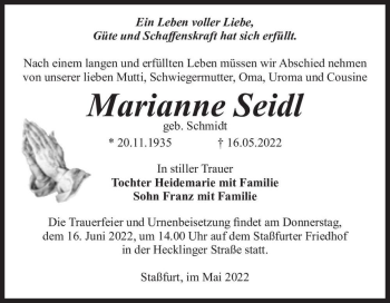 Traueranzeige von Marianne Seidl (geb. Schmidt)  von Magdeburger Volksstimme