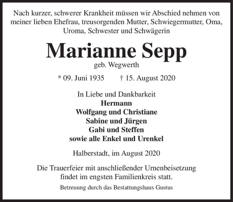  Traueranzeige für Marianne Sepp (geb. Wegwerth)  vom 22.08.2020 aus Magdeburger Volksstimme