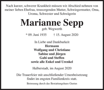 Traueranzeige von Marianne Sepp (geb. Wegwerth)  von Magdeburger Volksstimme
