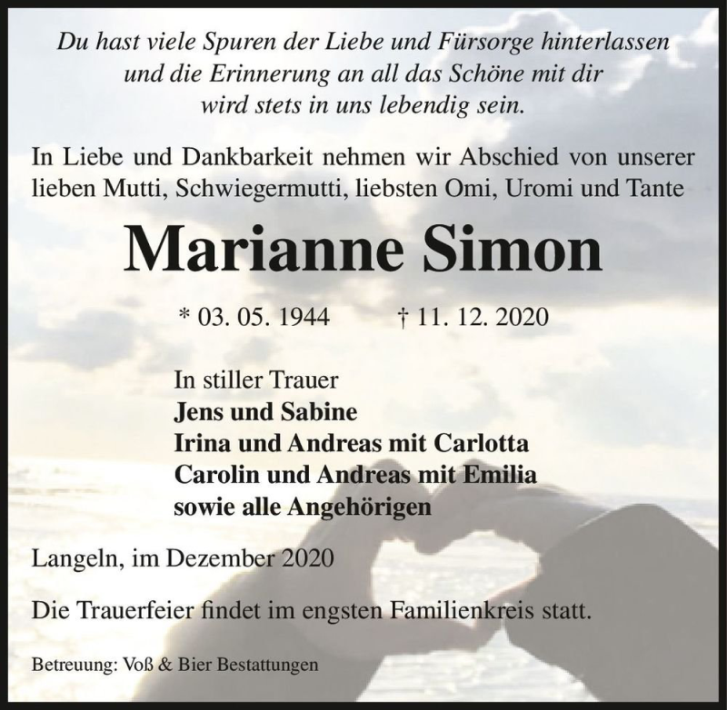  Traueranzeige für Marianne Simon  vom 17.12.2020 aus Magdeburger Volksstimme