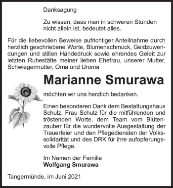 Traueranzeige von Marianne Smurawa  von Magdeburger Volksstimme