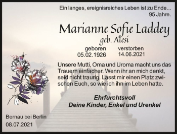 Traueranzeige von Marianne Sofie Laddey (geb. Alesi)  von Magdeburger Volksstimme
