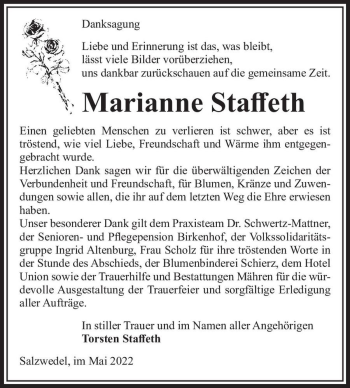 Traueranzeige von Marianne Staffeth  von Magdeburger Volksstimme