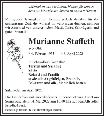 Traueranzeige von Marianne Staffeth (geb. Ohk)  von Magdeburger Volksstimme
