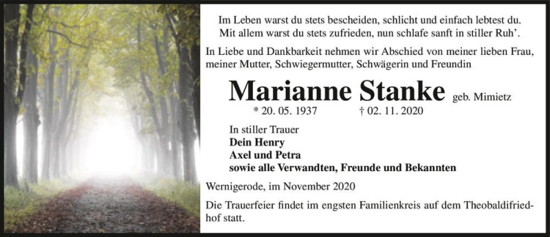  Traueranzeige für Marianne Stanke (geb. Mimietz)  vom 07.11.2020 aus Magdeburger Volksstimme