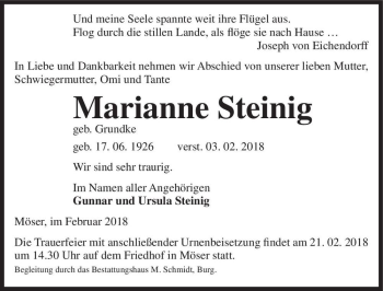 Traueranzeige von Marianne Steinig (geb. Grundke)  von Magdeburger Volksstimme