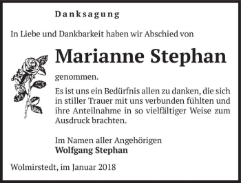 Traueranzeige von Marianne Stephan  von Magdeburger Volksstimme