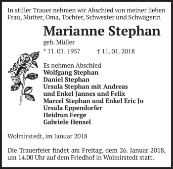 Traueranzeige von Marianne Stephan (geb. Müller)  von Magdeburger Volksstimme