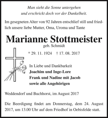 Traueranzeige von Marianne Stottmeister (geb. Schmidt)  von Magdeburger Volksstimme