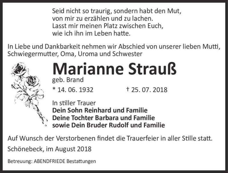  Traueranzeige für Marianne Strauß (geb. Brand)  vom 11.08.2018 aus Magdeburger Volksstimme