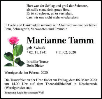 Traueranzeige von Marianne Tamm (geb. Swistek)  von Magdeburger Volksstimme