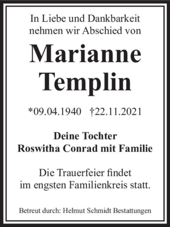 Traueranzeige von Marianne Templin  von Magdeburger Volksstimme