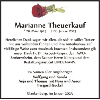 Traueranzeige von Marianne Theuerkauf  von Magdeburger Volksstimme