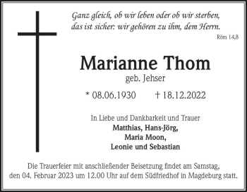 Traueranzeige von Marianne Thom (geb. Jehser)  von Magdeburger Volksstimme