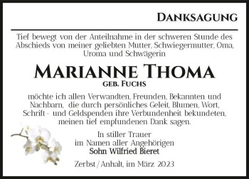 Traueranzeige von Marianne Thoma (geb. Fuchs)  von Magdeburger Volksstimme