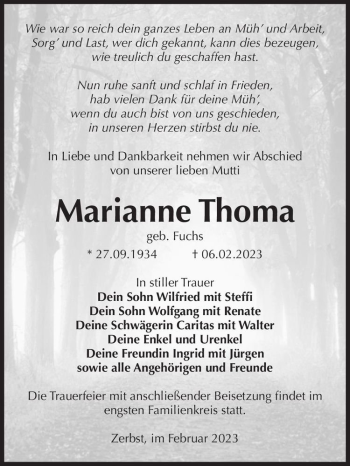 Traueranzeige von Marianne Thoma (geb. Fuchs)  von Magdeburger Volksstimme