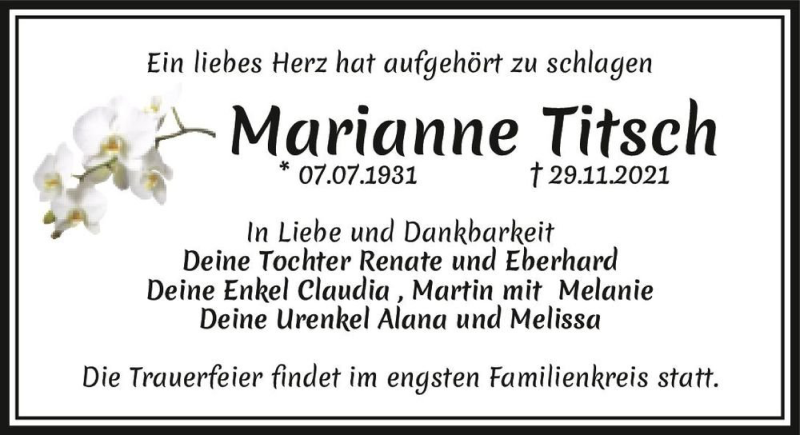  Traueranzeige für Marianne Titsch  vom 11.12.2021 aus Magdeburger Volksstimme