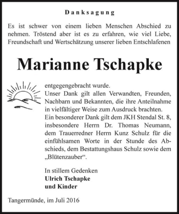 Traueranzeige von Marianne Tschapke  von Magdeburger Volksstimme