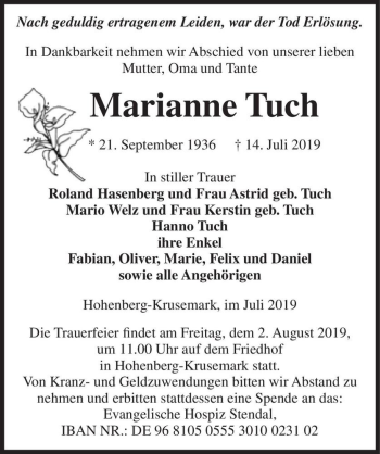 Traueranzeige von Marianne Tuch  von Magdeburger Volksstimme