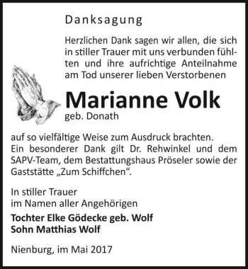 Traueranzeige von Marianne Volk (geb. Donath)  von Magdeburger Volksstimme