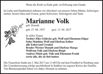Traueranzeige von Marianne Volk (geb. Donath)  von Magdeburger Volksstimme
