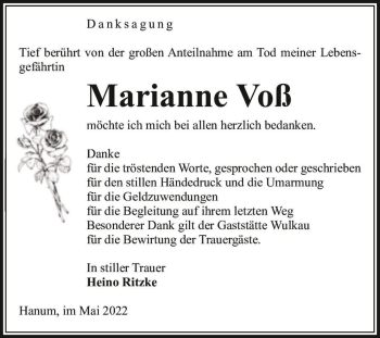 Traueranzeige von Marianne Voß  von Magdeburger Volksstimme