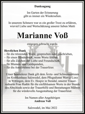 Traueranzeige von Marianne Voß  von Magdeburger Volksstimme