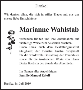 Traueranzeige von Marianne Wahlstab  von Magdeburger Volksstimme