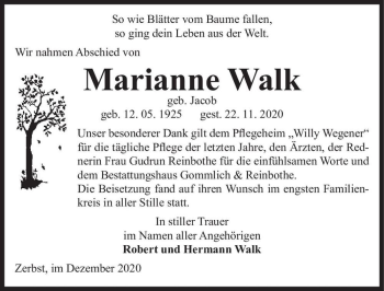 Traueranzeige von Marianne Walk (geb. Jacob)  von Magdeburger Volksstimme