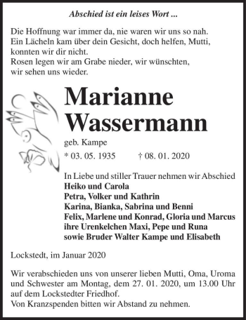 Traueranzeige von Marianne Wassermann (geb. Kampe)  von Magdeburger Volksstimme