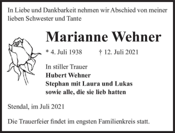 Traueranzeige von Marianne Wehner  von Magdeburger Volksstimme