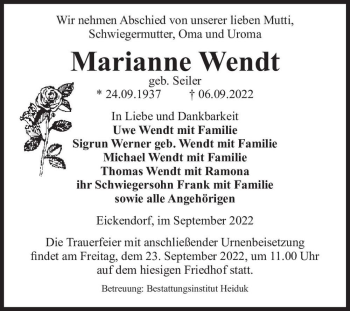 Traueranzeige von Marianne Wendt (geb. Seiler)  von Magdeburger Volksstimme
