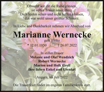 Traueranzeige von Marianne Wernecke (geb. Fittke)  von Magdeburger Volksstimme
