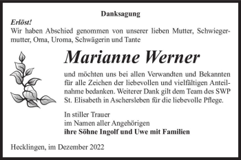 Traueranzeige von Marianne Werner  von Magdeburger Volksstimme