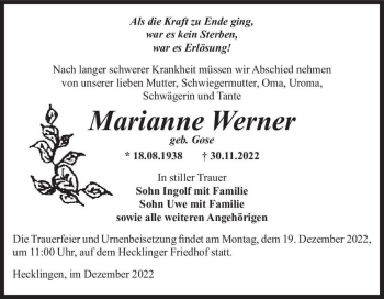 Traueranzeige von Marianne Werner (geb. Gose)  von Magdeburger Volksstimme