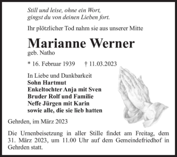 Traueranzeige von Marianne Werner (geb. Natho)  von Magdeburger Volksstimme