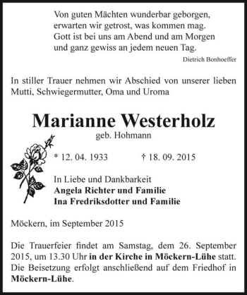 Traueranzeige von Marianne Westerholz (geb. Hohmann)  von Magdeburger Volksstimme