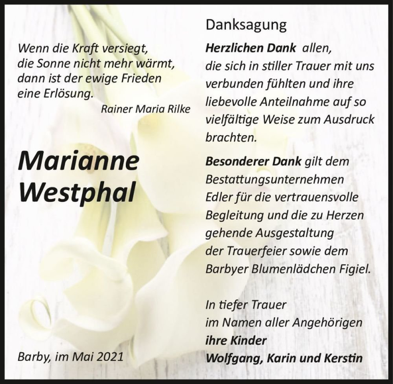  Traueranzeige für Marianne Westphal  vom 05.06.2021 aus Magdeburger Volksstimme