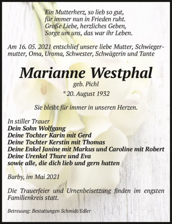 Traueranzeige von Marianne Westphal (geb. Pichl)  von Magdeburger Volksstimme