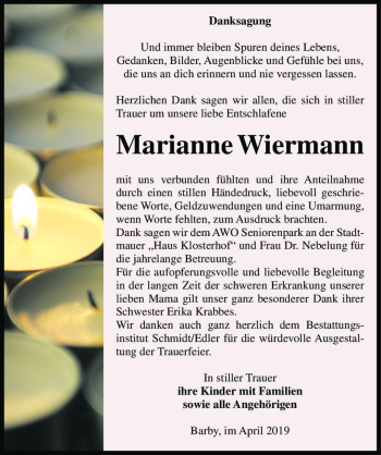Traueranzeige von Marianne Wiermann  von Magdeburger Volksstimme