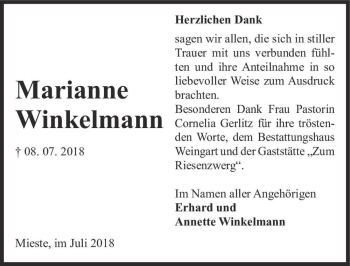 Traueranzeige von Marianne Winkelmann  von Magdeburger Volksstimme